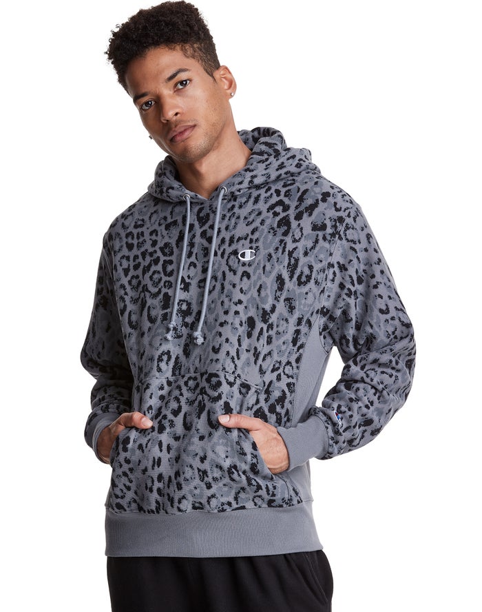 Champion Mens Hoodie NZ - Reverse Weave All Over Print Dark Grey ( 0163-ZMPSL )